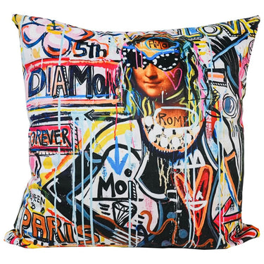 Graffiti glamour velvet cushion with dark ground and gold lettering, 550 x 550mm