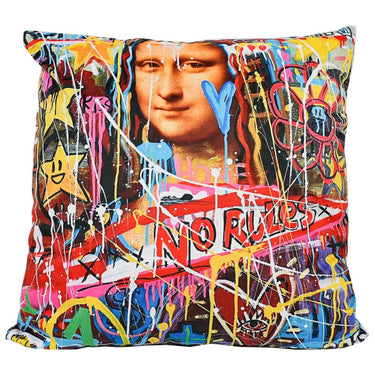 Graffiti portrait velvet cushion with No Rules lettering, 550 x 550mm