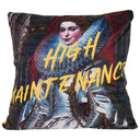 Old master portrait velvet cushion with High Maintenance slogan, 550 x 550mm