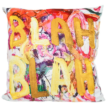 Abstract velvet cushion with Blah Blah lettering in yellow, 550 x 550mm