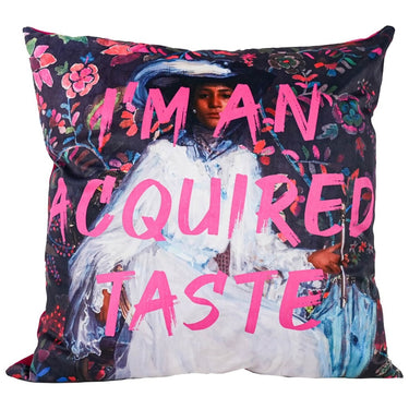 Dark floral velvet cushion with I'm An Acquired Taste slogan, 550 x 550mm
