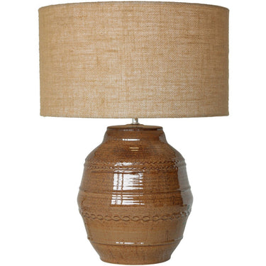 Brown gloss ceramic table lamp with natural hessian shade, 610mm, at Online8 Furniture Auckland NZ