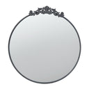 Black metal round wall mirror with baroque crest, 830mm wide x 930mm high