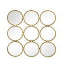 Gold metal wall mirror made of nine round mirrors in a square grid, 690 x 690mm
