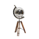 Global Traveller Tripod Globe in polished nickel and natural timber, 44cm tall, at Online8 Furniture Auckland NZ