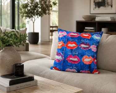 Detail of the painted lips motif on velvet