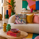 Detail of the spray-painted lettering on the graffiti velvet cushion