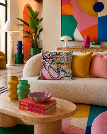 Detail of the spray-painted lettering on the graffiti velvet cushion