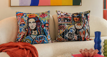 Graffiti glamour velvet cushion styled on a sofa