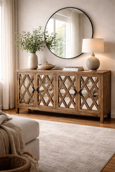 Lattice 4 Door Elm Sideboard with Mirrored Doors