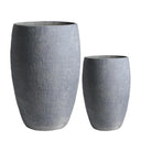Two textured gray decorative planters in different sizes, shown on a plain white background.