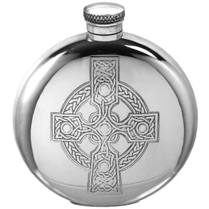 6oz Round Pewter Hip Flask with Intricate Celtic Cross Design