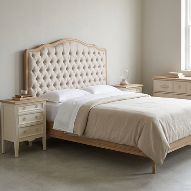 A light wood and tufted upholstered bed frame in a neutral beige bedroom setting, styled with white and beige linens, flanked by matching cream nightstands.