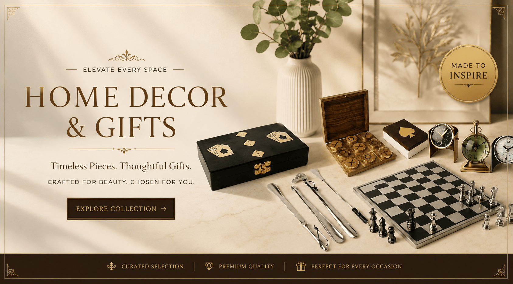 Home decor and gift items on a table at online8 showroom