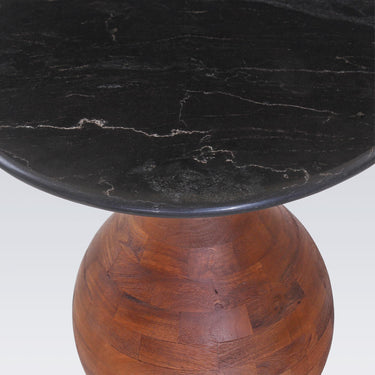 Orb Marble Side Table, showing the orb-shaped mango wood base