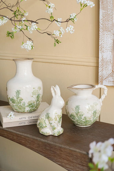 Ceramic Green Floral Vase - 26cm at Online8 Furniture Auckland NZ