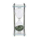 Detail of the metal post and glass plate frame on the large green sand hourglass
