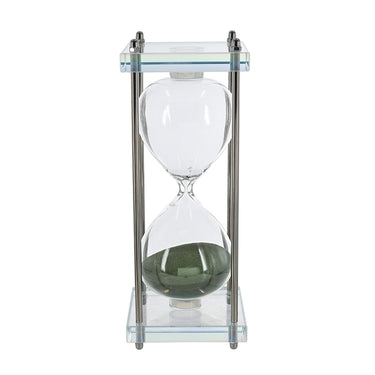 Detail of the metal post and glass plate frame on the large green sand hourglass