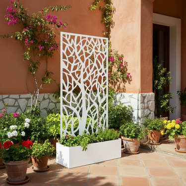 Ornate Tree Trellis Screen with Planter - White