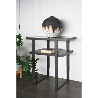 STUDIO Zen side table in greyed-brown, angled view showing both shelves