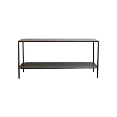 STUDIO Kiya low profile shelf in greyed-brown, styled with books and decor
