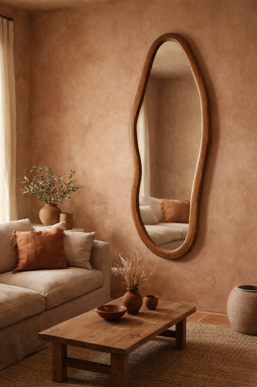 Walnut squiggle mirror style 1 styled in a room