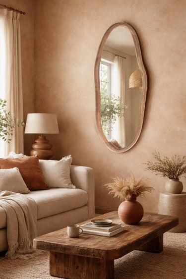 Walnut squiggle mirror style 2 styled in a room