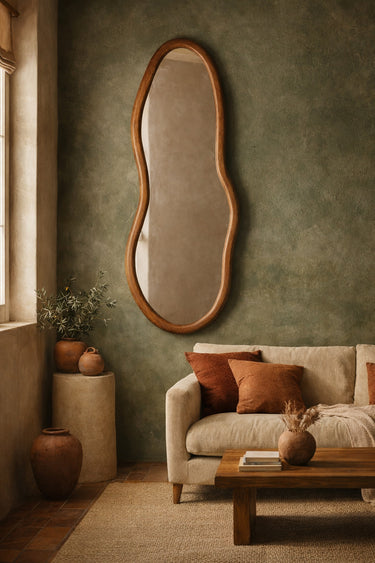 Walnut squiggle mirror style 3 styled in a room