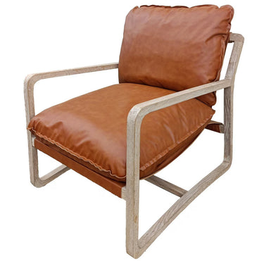 Accord Armchair in brown faux leather with a curved solid oak frame