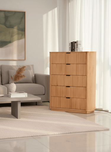Amsterdam 5 Drawers Tallboy at online8 furniture store Auckland