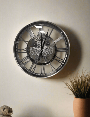 Antique Silver Wall Clock with Gears at online8 furniture store Auckland