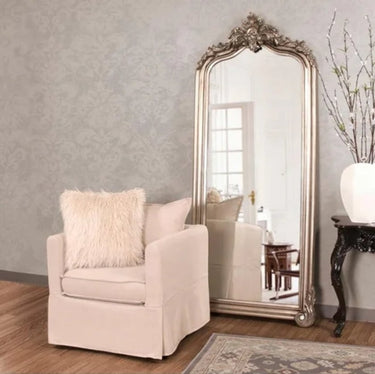 Antiqued Ornate Bevelled Floor Mirror Silver at online8 furniture store Auckland