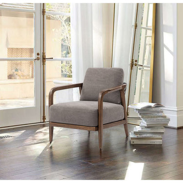 Grey and walnut Ashly Armchair with an intricate rope-woven backrest