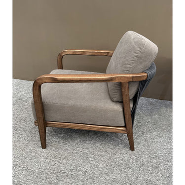 Ashly Armchair, solid ash frame in a walnut finish with a plush grey seat