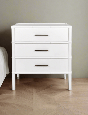 Bamboo Detail 3 Drawer Bedside Table - White at online8 furniture store Auckland