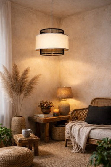 Bamboo & Linen Pendant - Natural/Black at Online8 Furniture Auckland NZ