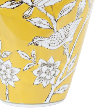 Bird and Blossom Ceramic Bellied Vase Yellow Large with birds among flowering branches