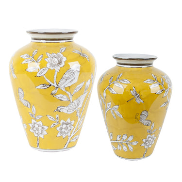 Bird and Blossom Ceramic Bellied Vases in yellow, large and small styled as a pair