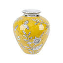 Bird and Blossom Ceramic Bellied Vase Yellow Small, 22cm high in yellow and grey on white