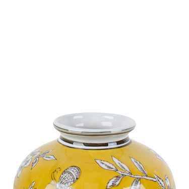 Bird and Blossom Ceramic Bellied Vase Yellow Small, 19cm diameter glazed ceramic vase