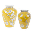 Bird and Blossom Ceramic Bellied Vases in yellow, small and large styled as a pair