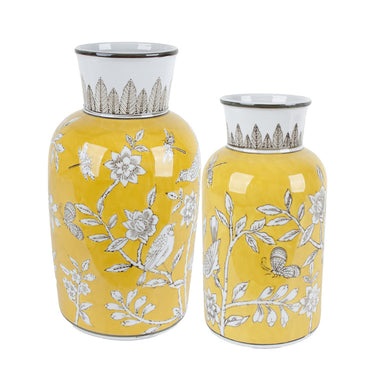 Bird and Blossom Ceramic Tall Vases in yellow, large and small styled as a pair