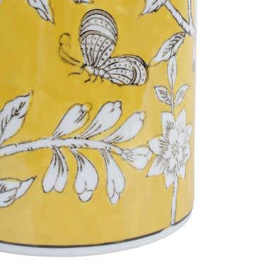 Bird and Blossom Ceramic Tall Vase Yellow Small with birds among flowering branches