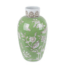 Bird and Blossom Ceramic Vase Green Large, 33.5cm high in green and grey on white