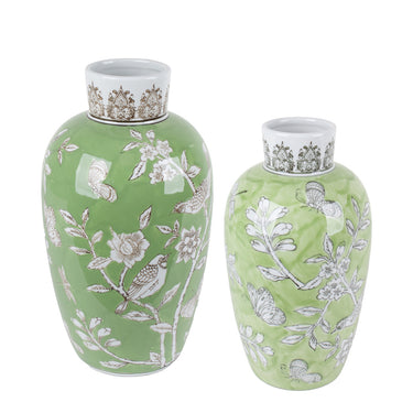 Bird and Blossom Ceramic Vases in green, small and large styled as a pair