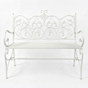 Bistro Metal Outdoor Bench in white powder-coated metal with ornate scrollwork back and scroll arms