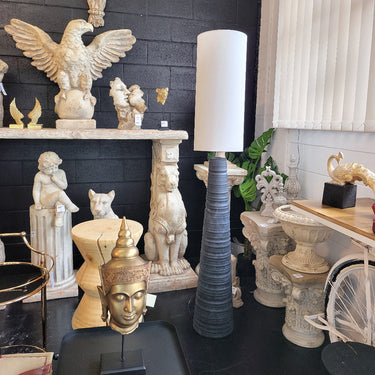 Black Ceramic Floor Lamp with Natural Linen Shade at Online8 Furniture Auckland NZ