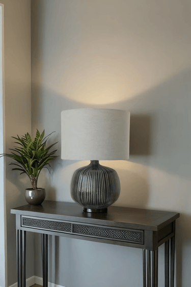 Black Glazed Ceramic Lamp W/ Gray Linen Shade at online8 furniture store Auckland