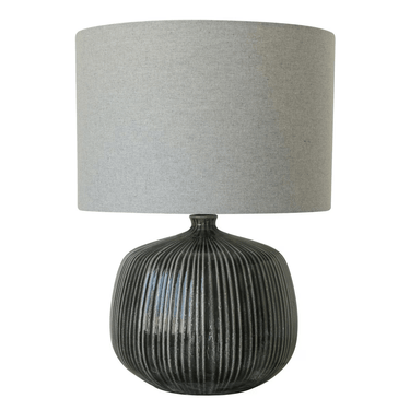 Black Glazed Ceramic Lamp W/ Gray Linen Shade at online8 furniture store Auckland