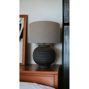 Black Terracotta Table Lamp with Grey Linen Shade at online8 furniture store Auckland
